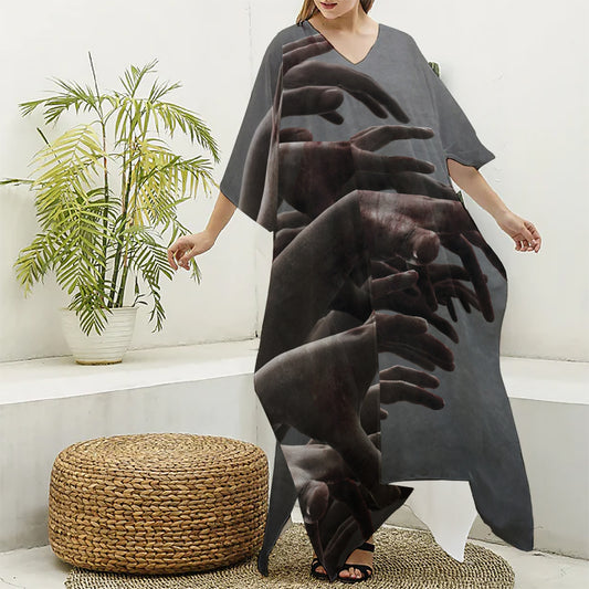 Halloween Zombie Hands Print Silk V-Neck Kaftan Dress