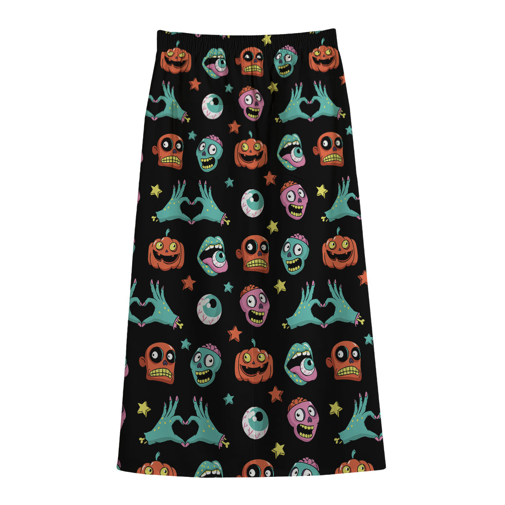Halloween Zombie Pattern Print Cotton Front Slit Maxi Skirt