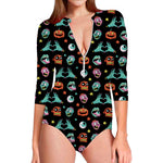Halloween Zombie Pattern Print Long Sleeve Swimsuit