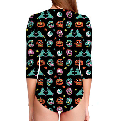 Halloween Zombie Pattern Print Long Sleeve Swimsuit
