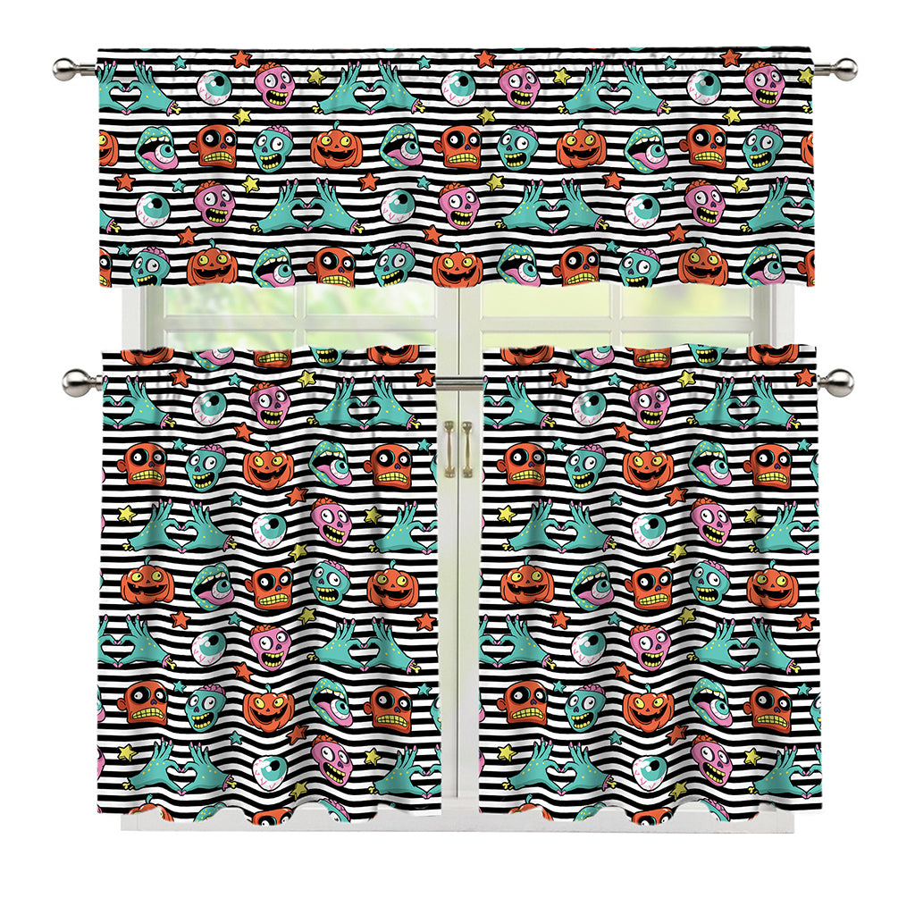 Halloween Zombie Striped Pattern Print 3 Piece Kitchen Curtains