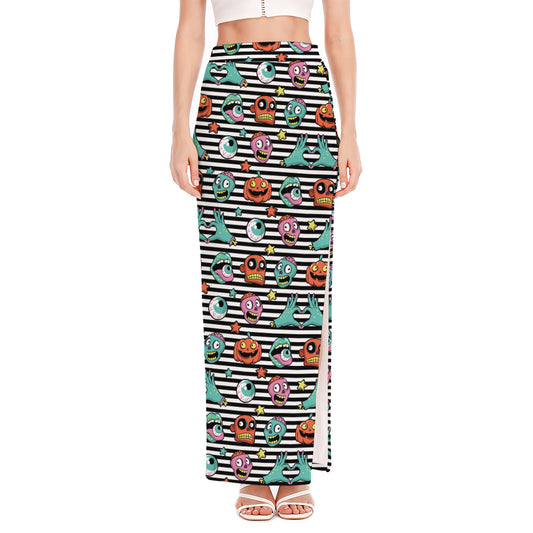 Halloween Zombie Striped Pattern Print High Slit Maxi Skirt