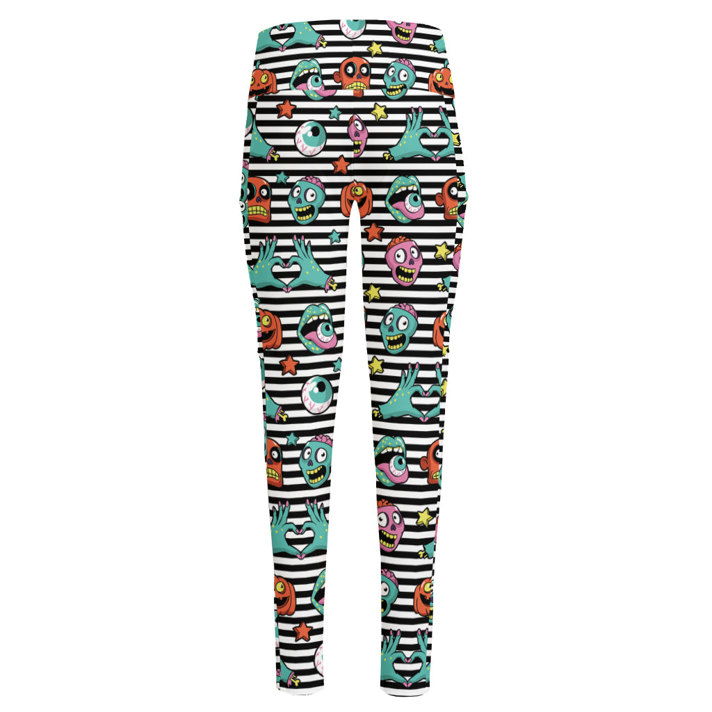 Halloween Zombie Striped Pattern Print High-Waisted Pocket Leggings