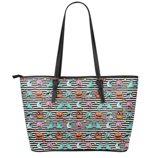 Halloween Zombie Striped Pattern Print Leather Tote Bag