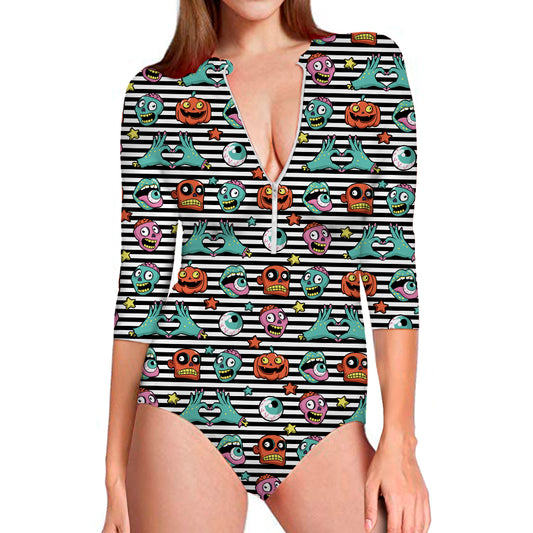 Halloween Zombie Striped Pattern Print Long Sleeve Swimsuit