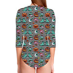 Halloween Zombie Striped Pattern Print Long Sleeve Swimsuit