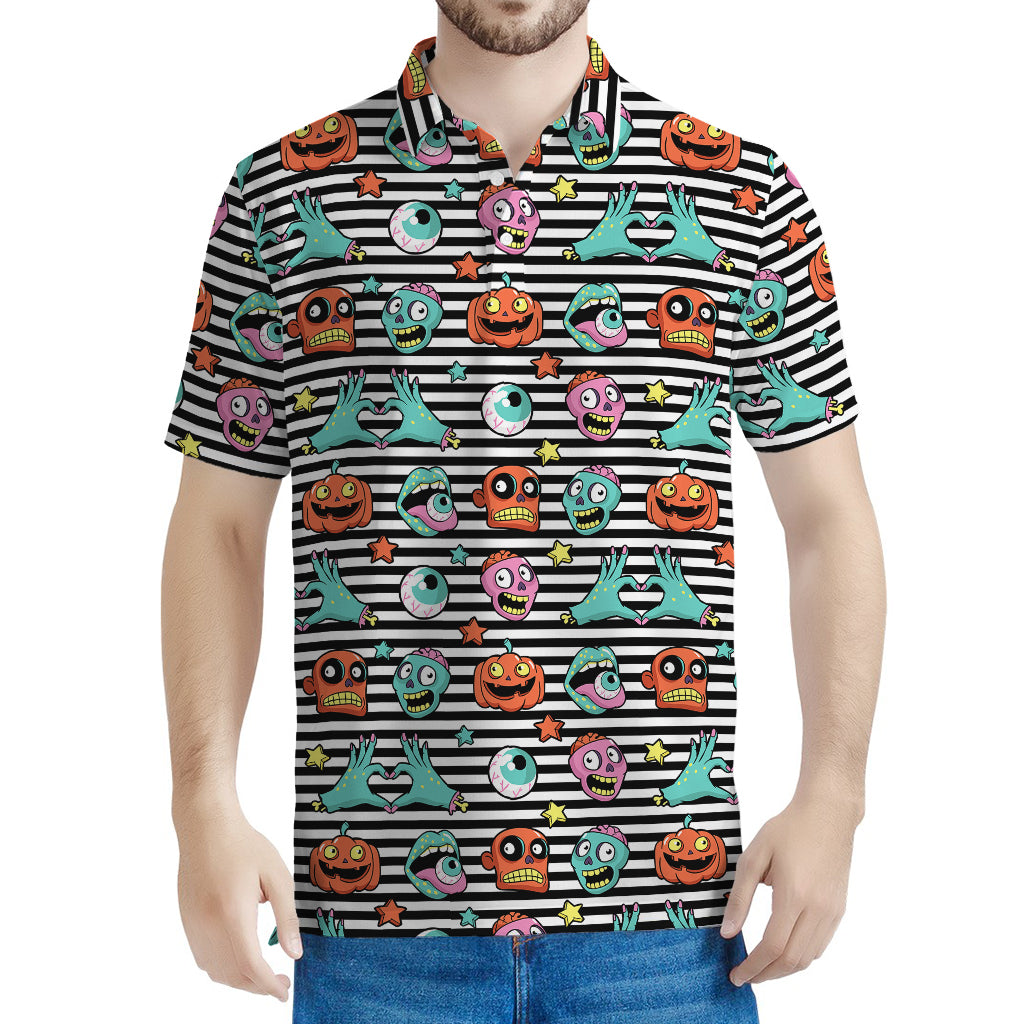 Halloween Zombie Striped Pattern Print Men's Polo Shirt
