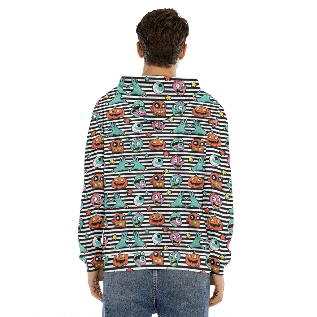 Halloween Zombie Striped Pattern Print Men's Velvet Pullover Hoodie