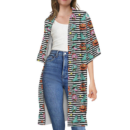 Halloween Zombie Striped Pattern Print Open Front Beach Cover Up