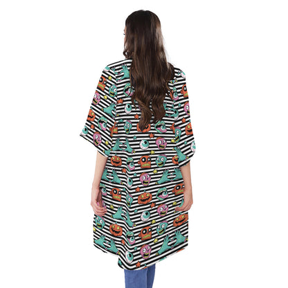 Halloween Zombie Striped Pattern Print Open Front Beach Cover Up