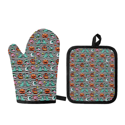 Halloween Zombie Striped Pattern Print Oven Mitt And Pot Holder Set