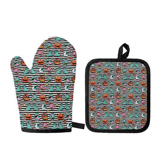 Halloween Zombie Striped Pattern Print Oven Mitt And Pot Holder Set