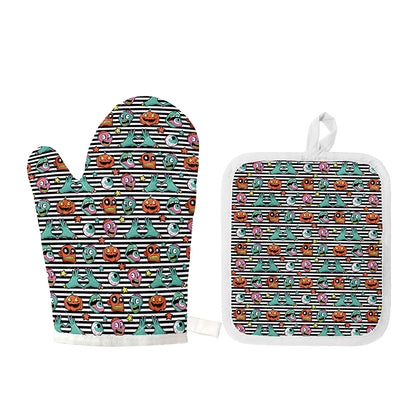 Halloween Zombie Striped Pattern Print Oven Mitt And Pot Holder Set
