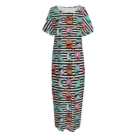 Halloween Zombie Striped Pattern Print Short Sleeve Long Nightdress