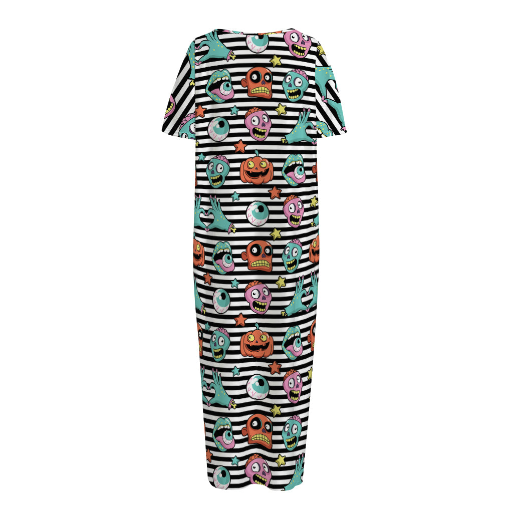 Halloween Zombie Striped Pattern Print Short Sleeve Long Nightdress