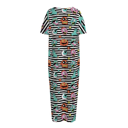 Halloween Zombie Striped Pattern Print Short Sleeve Long Nightdress