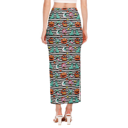 Halloween Zombie Striped Pattern Print Side Slit Maxi Skirt