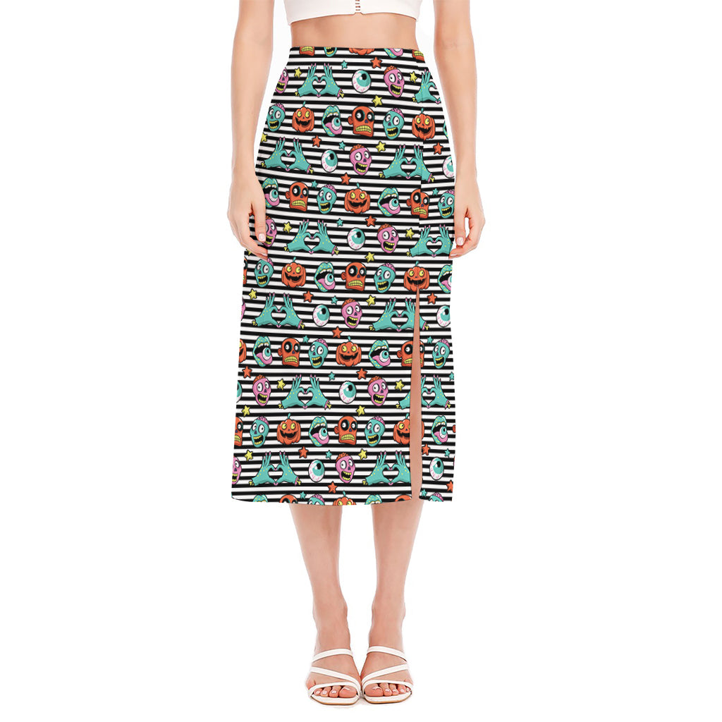Halloween Zombie Striped Pattern Print Side Slit Midi Skirt