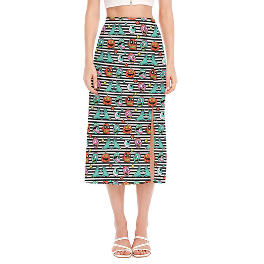 Halloween Zombie Striped Pattern Print Side Slit Midi Skirt