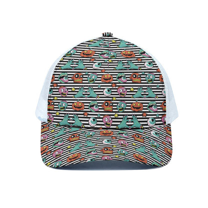 Halloween Zombie Striped Pattern Print White Mesh Trucker Cap