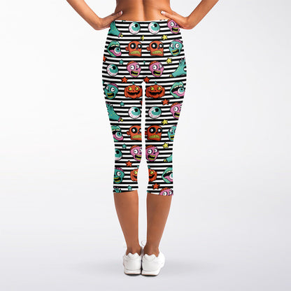 Halloween Zombie Striped Pattern Print Women's Capri Leggings