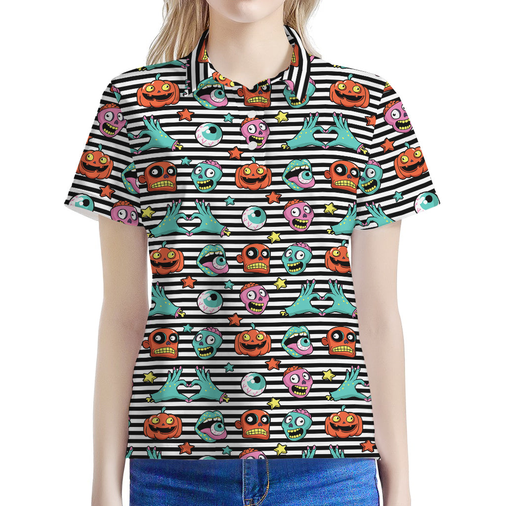 Halloween Zombie Striped Pattern Print Women's Polo Shirt