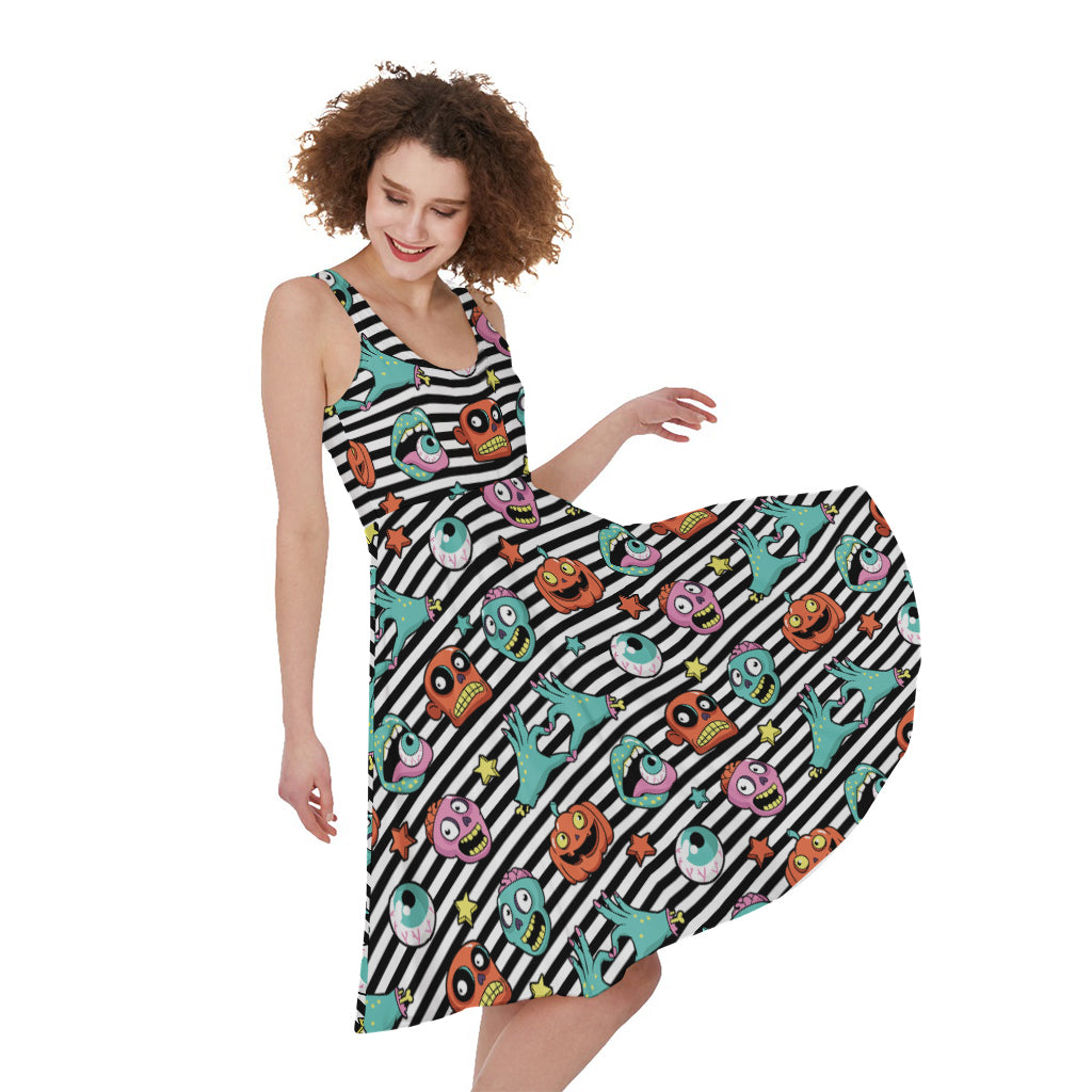 Halloween Zombie Striped Pattern Print Women's Sleeveless Dress