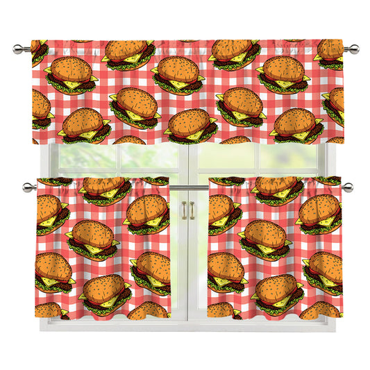 Hamburger Plaid Pattern Print 3 Piece Kitchen Curtains