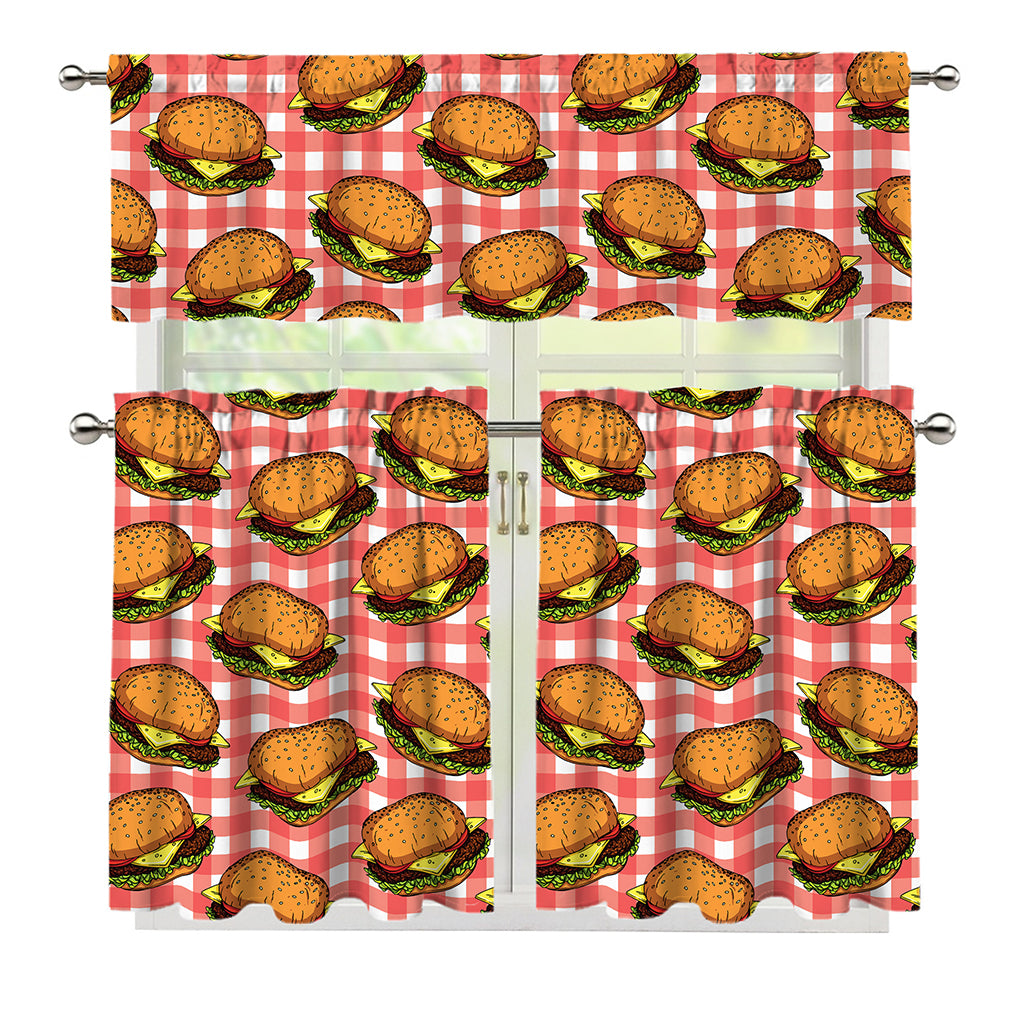 Hamburger Plaid Pattern Print 3 Piece Kitchen Curtains