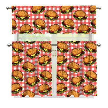 Hamburger Plaid Pattern Print 3 Piece Kitchen Curtains