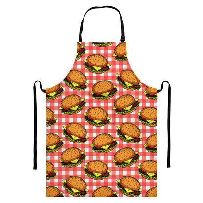 Hamburger Plaid Pattern Print Bib Apron With Pocket