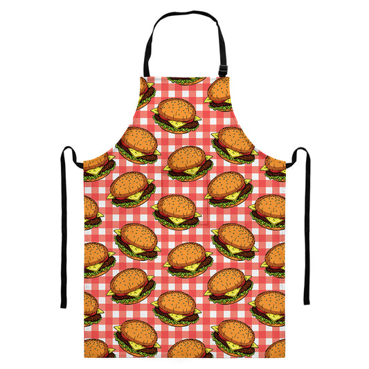 Hamburger Plaid Pattern Print Bib Apron With Pocket