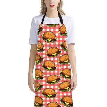 Hamburger Plaid Pattern Print Bib Apron With Pocket
