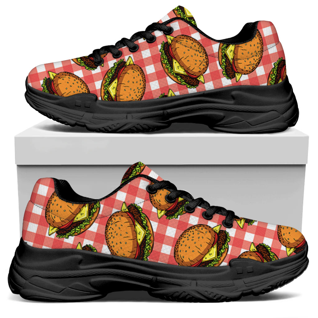 Hamburger Plaid Pattern Print Black Chunky Shoes