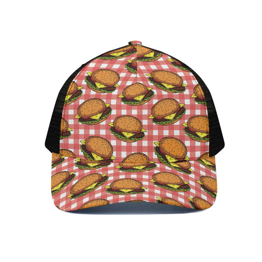 Hamburger Plaid Pattern Print Black Mesh Trucker Cap