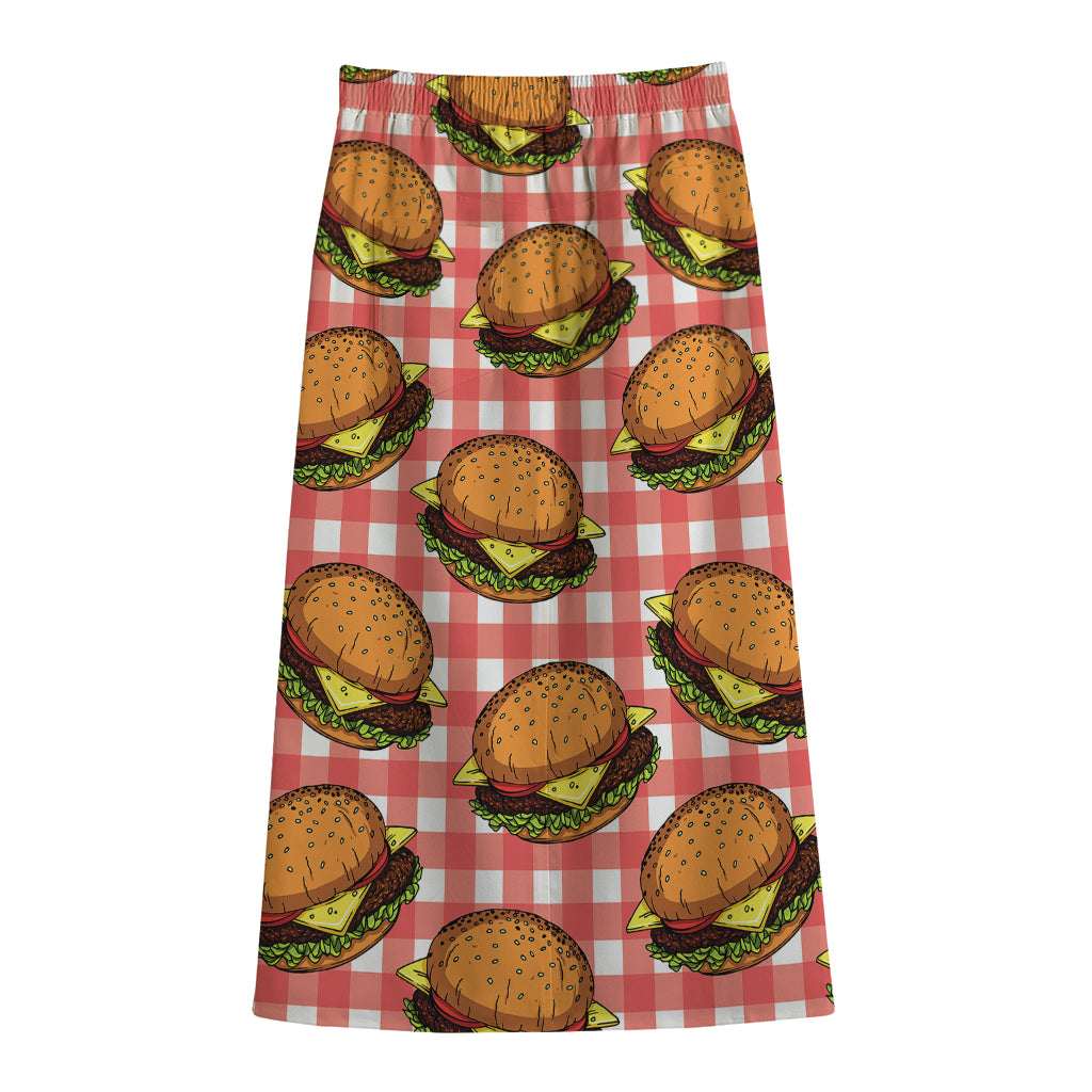 Hamburger Plaid Pattern Print Cotton Front Slit Maxi Skirt