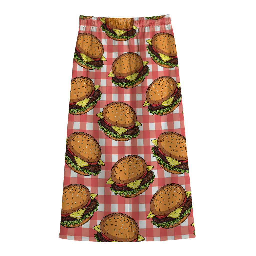 Hamburger Plaid Pattern Print Cotton Front Slit Maxi Skirt