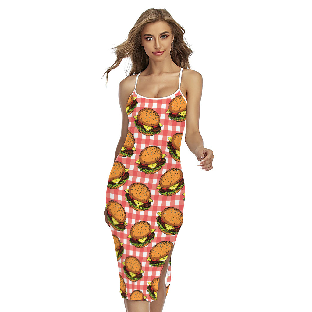 Hamburger Plaid Pattern Print Cross Back Cami Dress
