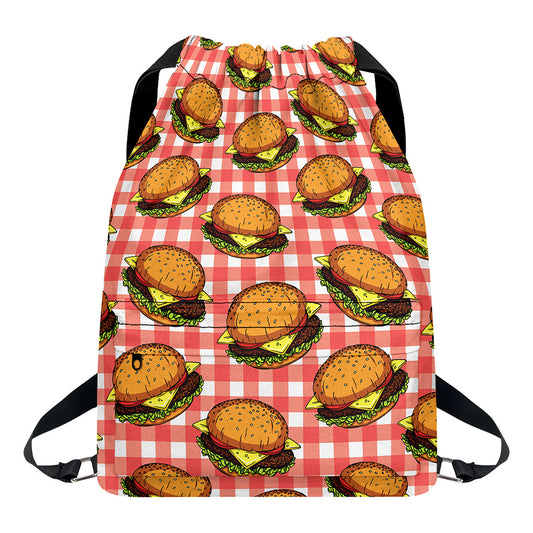Hamburger Plaid Pattern Print Drawstring Backpack