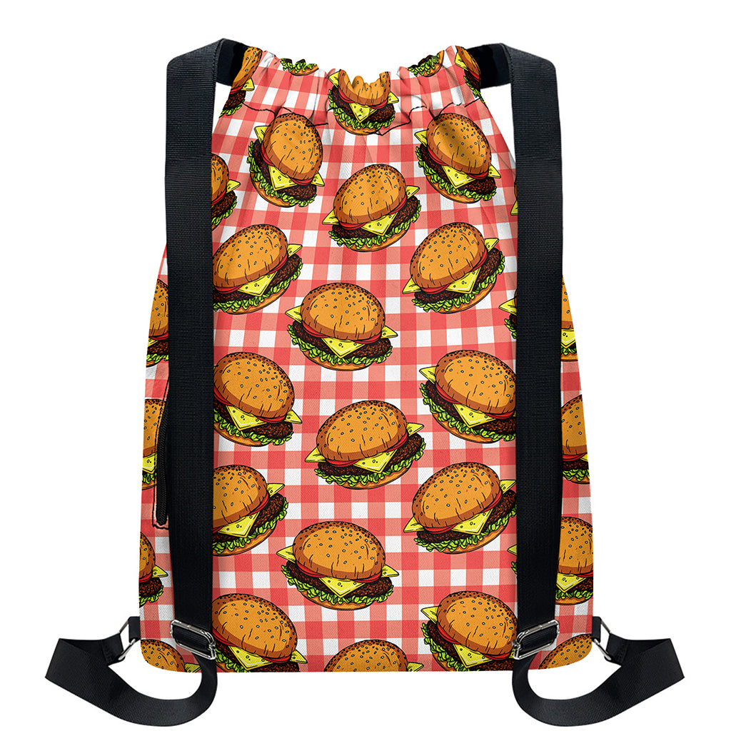 Hamburger Plaid Pattern Print Drawstring Backpack