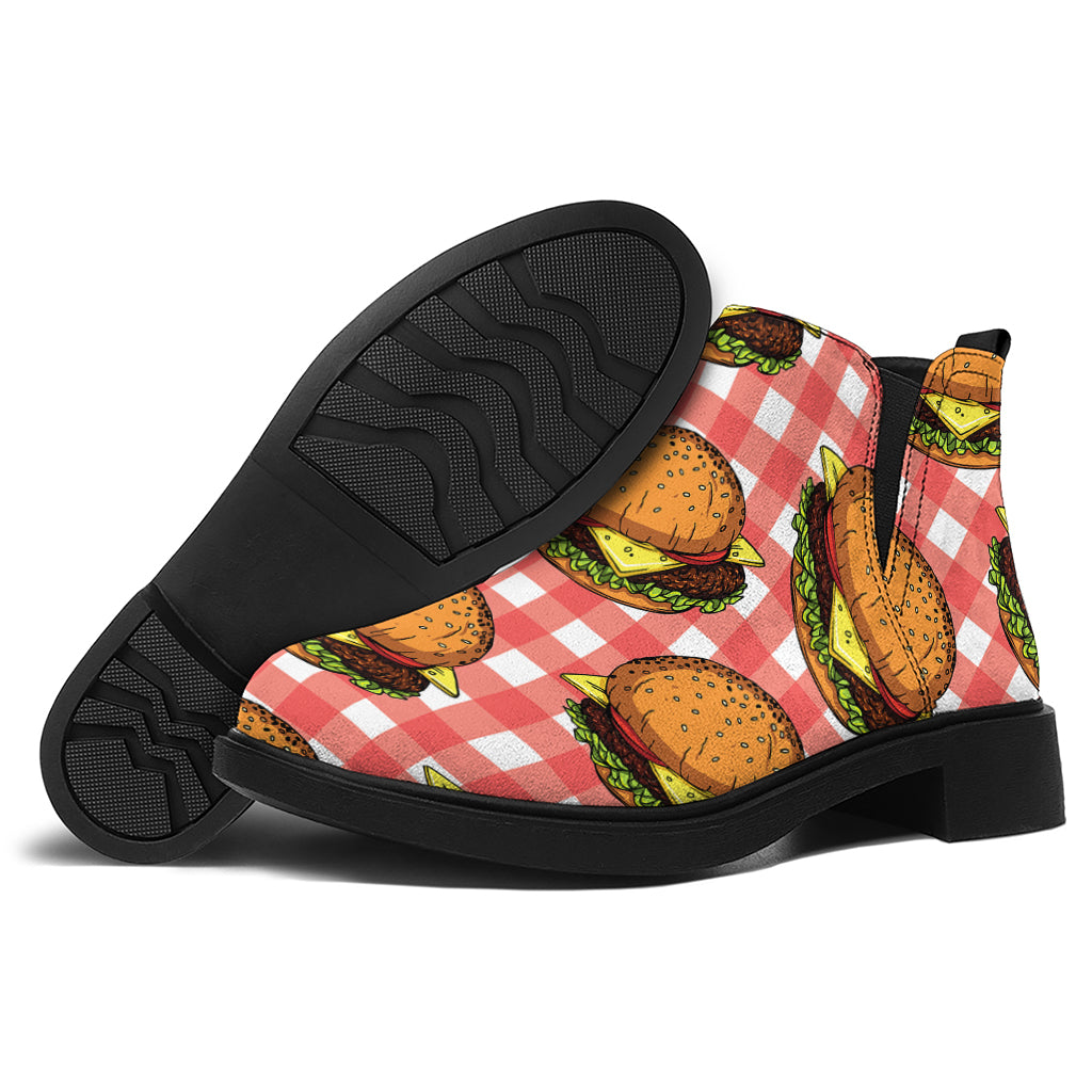 Hamburger Plaid Pattern Print Flat Ankle Boots