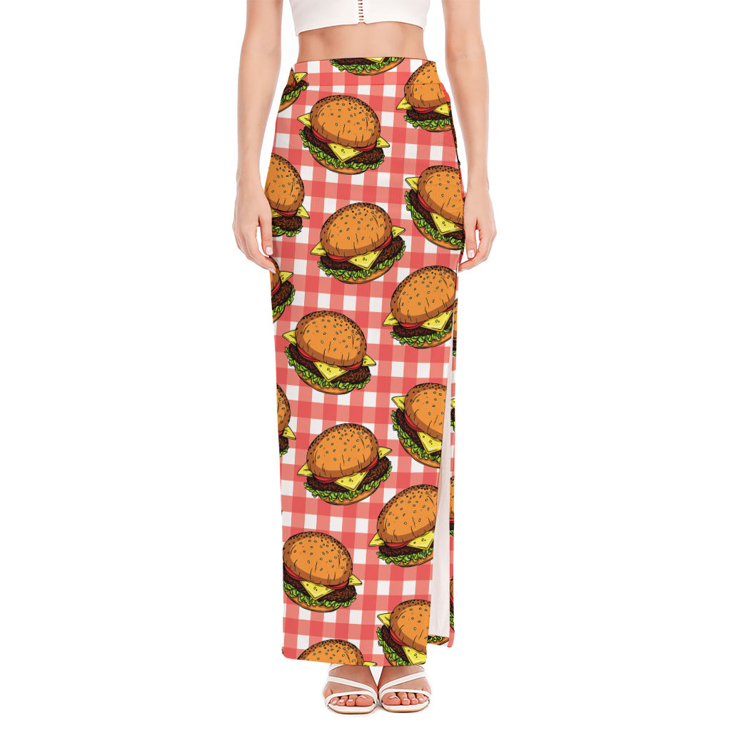 Hamburger Plaid Pattern Print High Slit Maxi Skirt