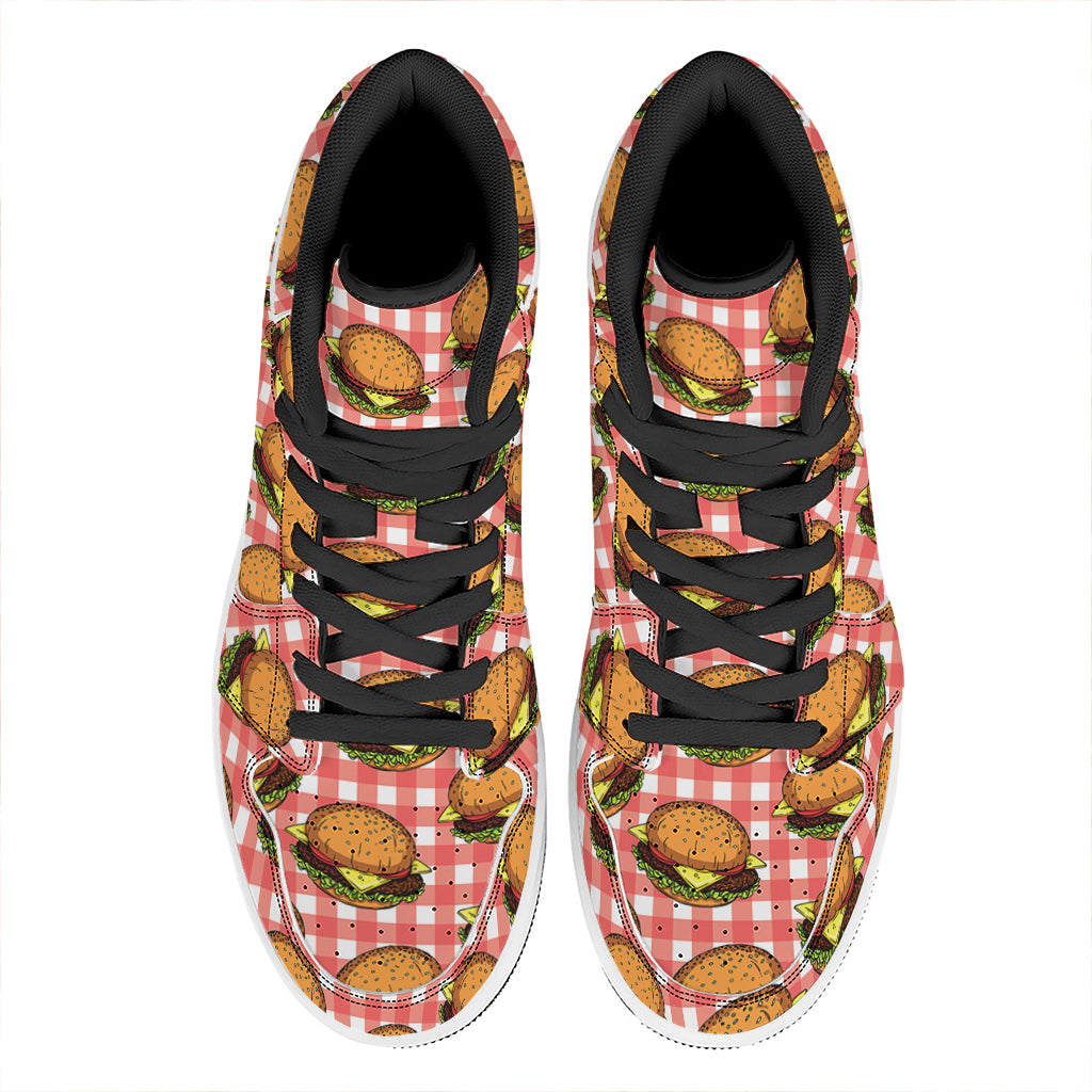Hamburger Plaid Pattern Print High Top Leather Sneakers