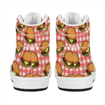Hamburger Plaid Pattern Print High Top Leather Sneakers
