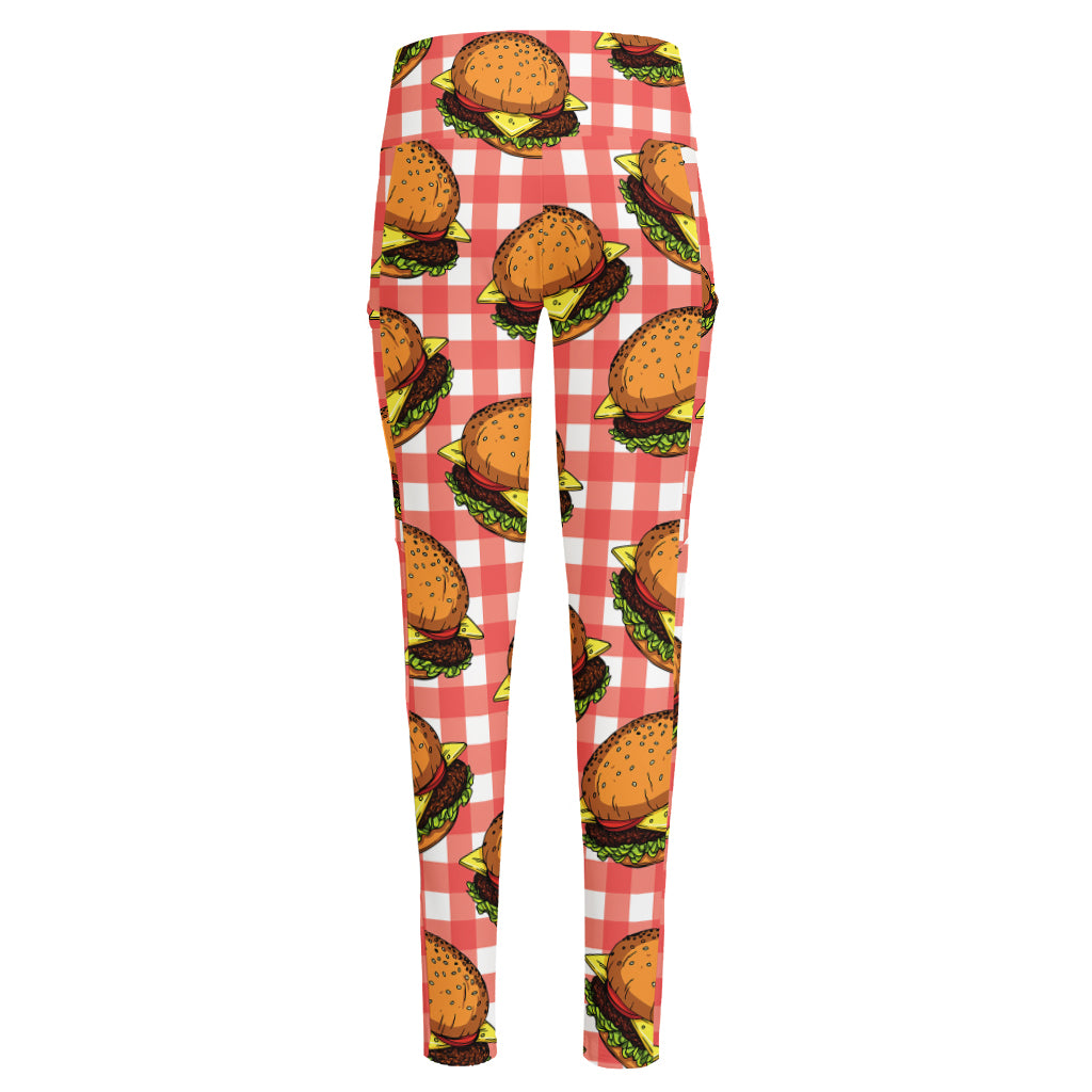 Hamburger Plaid Pattern Print High-Waisted Pocket Leggings