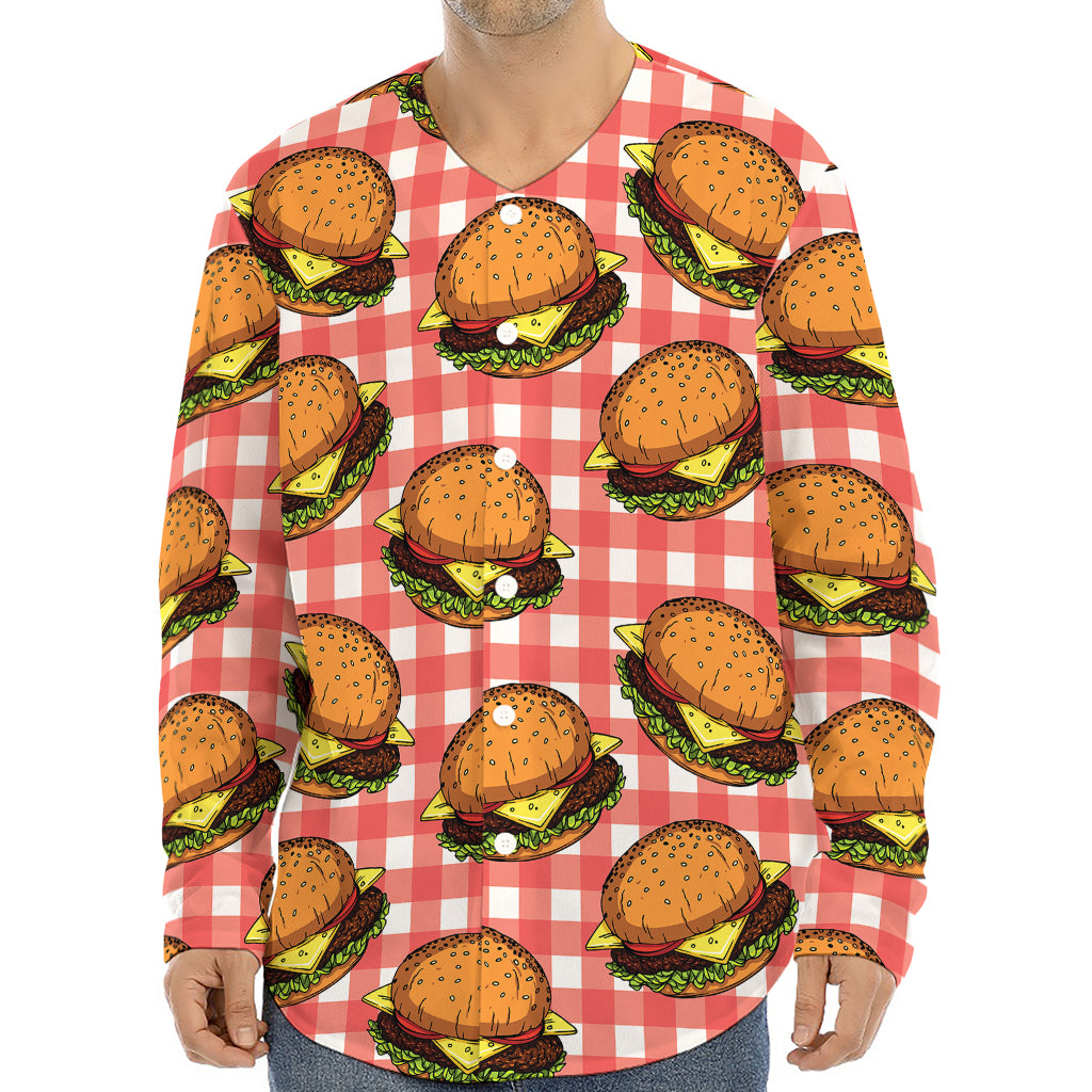 Hamburger Plaid Pattern Print Long Sleeve Baseball Jersey