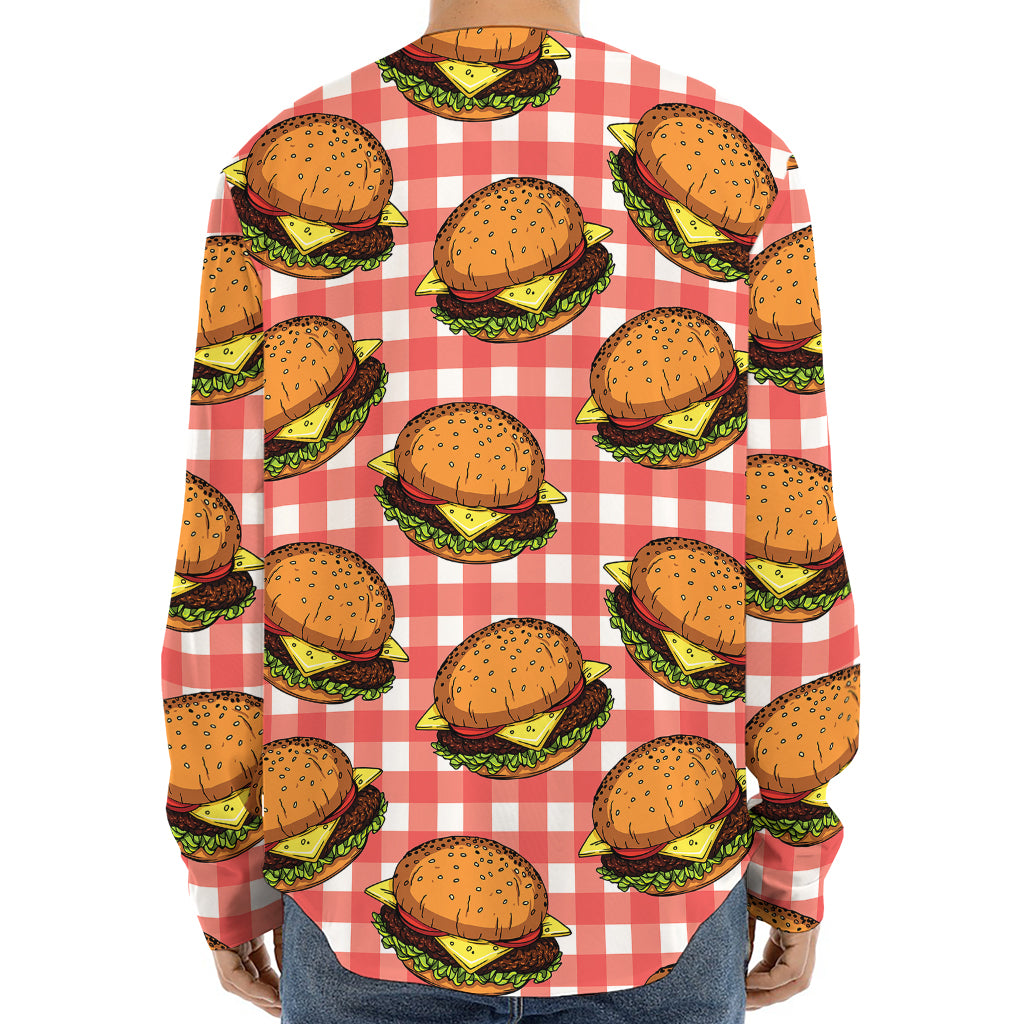 Hamburger Plaid Pattern Print Long Sleeve Baseball Jersey