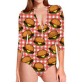 Hamburger Plaid Pattern Print Long Sleeve Swimsuit