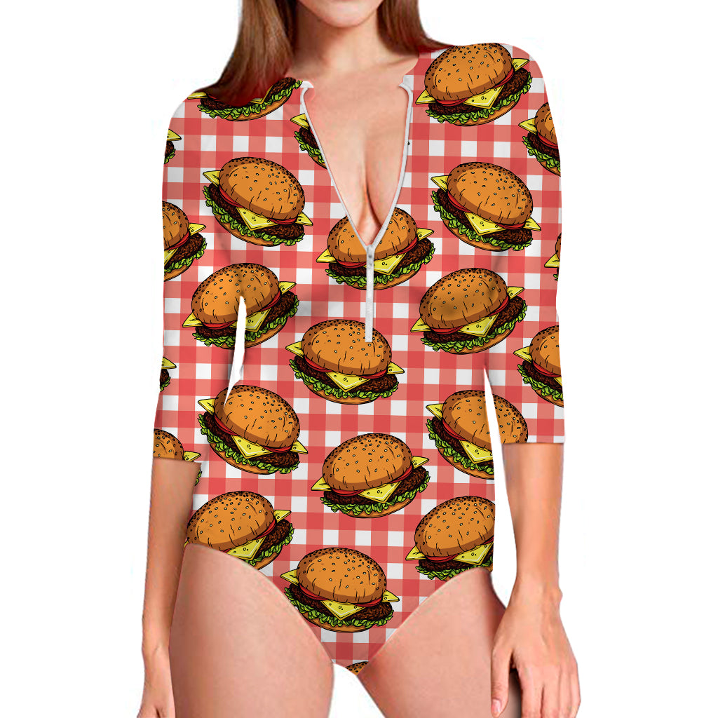 Hamburger Plaid Pattern Print Long Sleeve Swimsuit