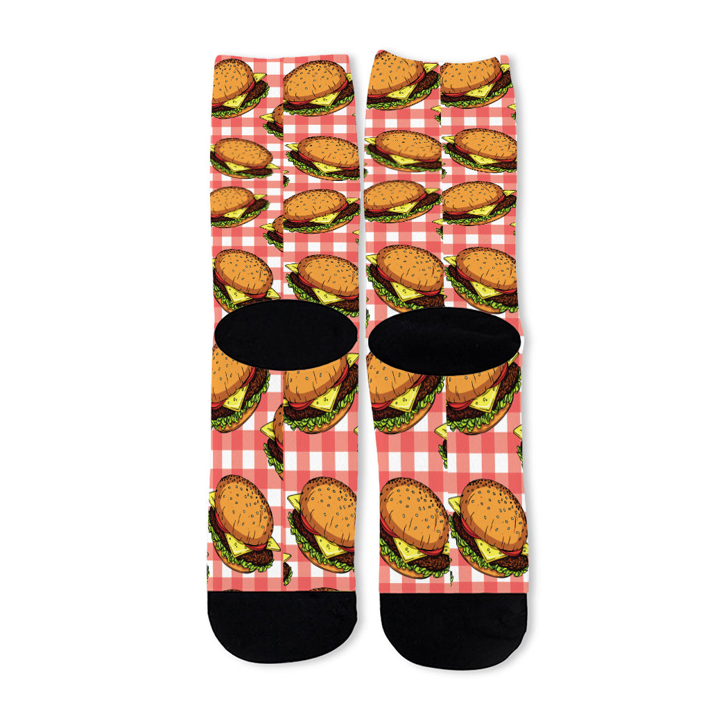 Hamburger Plaid Pattern Print Long Socks